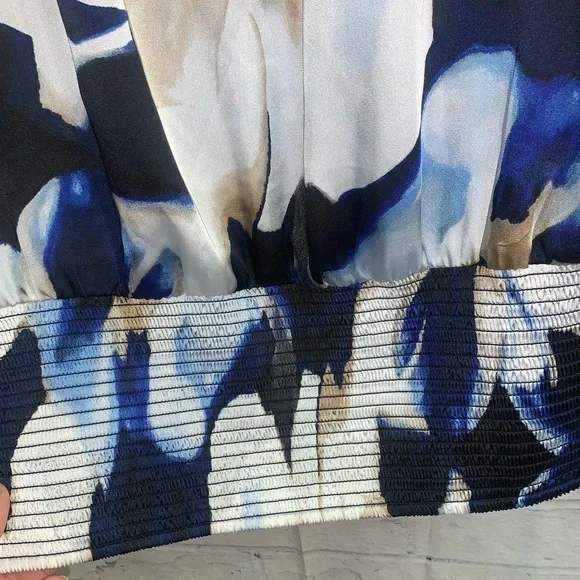 WHBM Navy, white, tan flower-patterned blouse - Picture 6 of 7